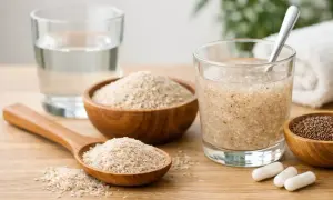 Flohsamenschalen zubereitung: Schale mit Flohsamenschalen, Löffel, Glas mit Wasser und Flohsamenschalen-Mix, Schale mit Leinsamen und Kapseln.