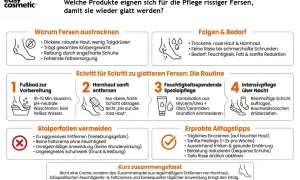 Schritte zur Pflege rissiger Fersen: Fußbad, Hornhautentfernung, Feuchtigkeitspflege und Intensivpflege über Nacht. Vermeide aggressive Methoden und wähle passende Schuhe.