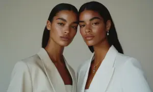 Zwei Frauen mit glatter Haut und dunklem Haar tragen elegante Blazer. Ihr femininer Kleidungsstil wird durch dezente Schmuckstücke unterstrichen.
