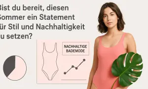 Frau im Korallfarbenen Badeanzug hält Monstera-Blatt. Grafik zeigt eine steigende Linie und das Wort "NACHHALTIGE BADEMODE". Ein fairer bikini-Sommer beginnt hier.