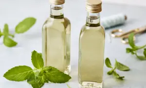 Zwei Flaschen mit selbstgemachtem Minzsirup, umgeben von frischen Minzblättern. Ein schönes Projekt für den Sommer!