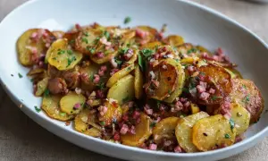 Bratkartoffeln ohne vorkochen, goldbraun gebraten mit Speckwürfeln und Petersilie in einer weißen Schüssel.