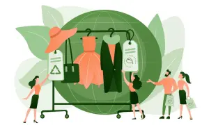 Menschen wählen Kleidung mit Umweltzeichen. Das steht für fair fashion: nachhaltig und ethisch.