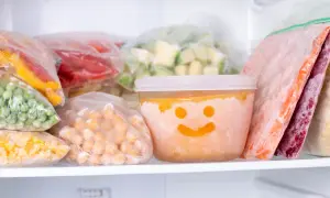 Gefrorene Beeren, Erbsen, Karotten und ein lächelnder Behälter mit Babybrei einfrieren für später.