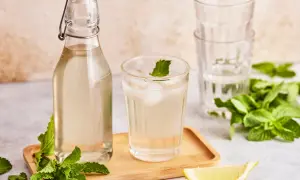 Erfrischendes Getränk mit selbstgemachtem Pfefferminzsirup, Eis, Minze und Zitrone. Perfekt zum pfefferminzsirup selber machen.