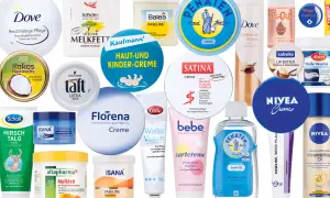 Eine Collage von Hautpflegeprodukten, darunter verschiedene Vaseline-Marken, die zeigen, woraus Vaseline besteht: ein vielseitiger Inhaltsstoff für Hautpflege.