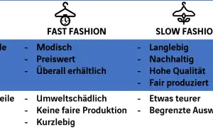 Vergleich von Fast Fashion und Slow Fashion. Fast Fashion: modisch, preiswert, überall erhältlich. Vorteile: schnell, günstig.