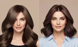 Zwei Frauen mit glänzendem Haar. Die linke hat lange, braune Locken, die rechte kürzere, dunklere Haare. Beide sehen gesund aus, dank veganer Haarfarbe.