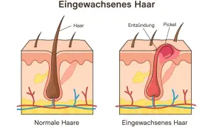 Vergleich von normalen Haaren und eingewachsenem Haar mit Entzündung und Pickel. So kann man eingewachsenes Haar entfernen.