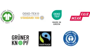 Siegel für nachhaltige siegel textilien: GOTS, OEKO-TEX, Fairtrade, Grüner Knopf, Blauer Engel, Fair Wear.