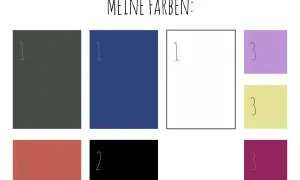 Farbpalette für eine capsule wardrobe: Dunkelgrau, Blau, Koralle, Schwarz, Lila, Gelb und Bordeauxrot.