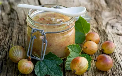 Glas mit selbstgemachter Stachelbeer Marmelade, umgeben von frischen Stachelbeeren und Blättern auf rustikalem Holz.