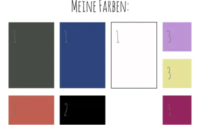 Farbpalette für eine capsule wardrobe: Dunkelgrau, Blau, Koralle, Schwarz, Lila, Gelb und Bordeauxrot.