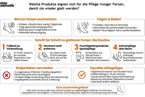 Schritte zur Pflege rissiger Fersen: Fußbad, Hornhautentfernung, Feuchtigkeitspflege und Intensivpflege über Nacht. Vermeide aggressive Methoden und wähle passende Schuhe.