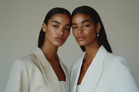 Zwei Frauen mit glatter Haut und dunklem Haar tragen elegante Blazer. Ihr femininer Kleidungsstil wird durch dezente Schmuckstücke unterstrichen.