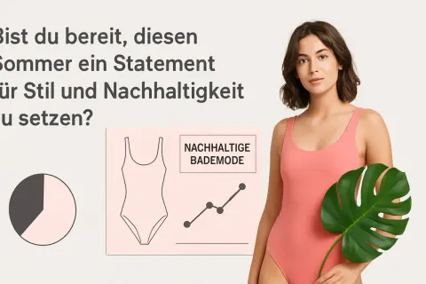 Frau im Korallfarbenen Badeanzug hält Monstera-Blatt. Grafik zeigt eine steigende Linie und das Wort "NACHHALTIGE BADEMODE". Ein fairer bikini-Sommer beginnt hier.