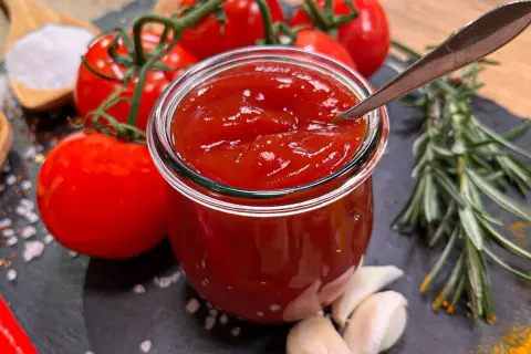 Frisches, selbstgemachtes Ketchup in einem Glas, umgeben von reifen Tomaten, Knoblauch und Rosmarin. Perfekt zum Ketchup selber machen!