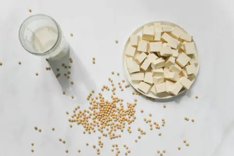 Würfel von Tofu auf einem Teller, daneben Sojabohnen und ein Glas Sojamilch. Die Frage "wie lange ist Tofu haltbar" wird durch die Zutaten aufgeworfen.