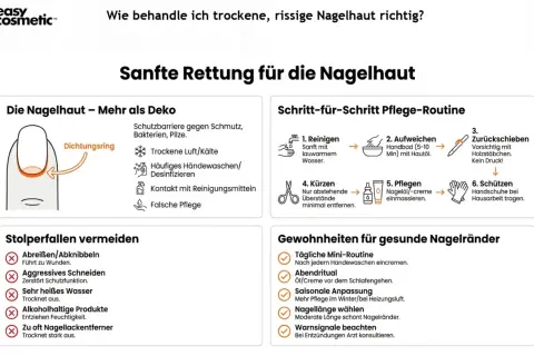 Schritt-für-Schritt-Anleitung zur Pflege trockener Nagelhaut: Reinigen, aufweichen, zurückschieben, kürzen, pflegen und schützen. Vermeide aggressive Methoden.