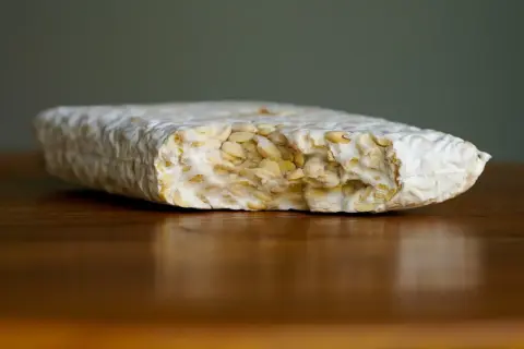 Ein Block Tempeh liegt auf einem Holztisch. Perfekt, um ihn für später einzufrieren.