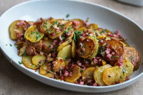 Bratkartoffeln ohne vorkochen, goldbraun gebraten mit Speckwürfeln und Petersilie in einer weißen Schüssel.