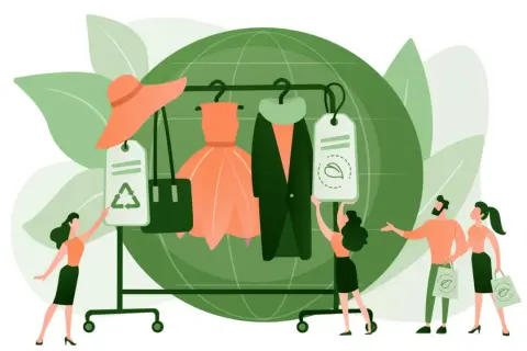 Menschen wählen Kleidung mit Umweltzeichen. Das steht für fair fashion: nachhaltig und ethisch.