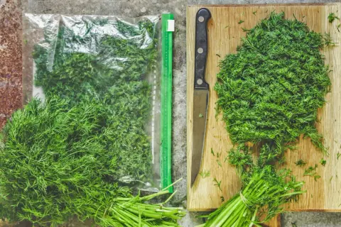 Frischer Dill wird gehackt und in einem Beutel zum **Dill trocknen** aufbewahrt. Ein Messer liegt neben dem Dill auf einem Holzbrett.