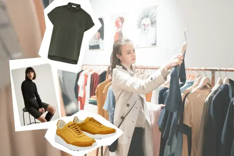 Eine Frau wählt Kleidung aus, die die **nachhaltige Mode Definition** verkörpert: zeitlose Designs, hochwertige Materialien und bewusster Konsum.