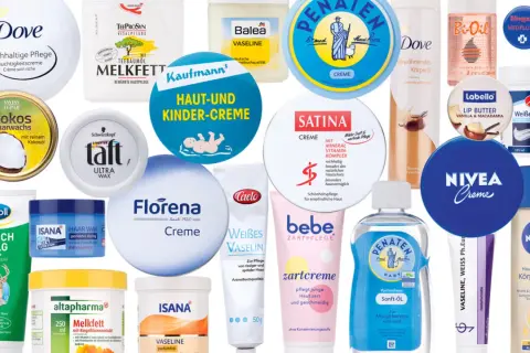 Eine Collage von Hautpflegeprodukten, darunter verschiedene Vaseline-Marken, die zeigen, woraus Vaseline besteht: ein vielseitiger Inhaltsstoff für Hautpflege.