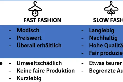 Vergleich von Fast Fashion und Slow Fashion. Fast Fashion: modisch, preiswert, überall erhältlich. Vorteile: schnell, günstig.