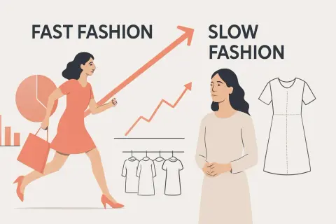 Frau rennt im roten Kleid, symbolisiert Fast Fashion. Daneben steht eine Frau in Beige, die für Slow Fashion steht.
