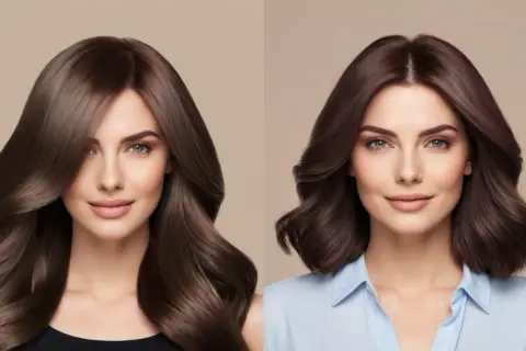 Zwei Frauen mit glänzendem Haar. Die linke hat lange, braune Locken, die rechte kürzere, dunklere Haare. Beide sehen gesund aus, dank veganer Haarfarbe.