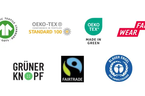 Siegel für nachhaltige siegel textilien: GOTS, OEKO-TEX, Fairtrade, Grüner Knopf, Blauer Engel, Fair Wear.