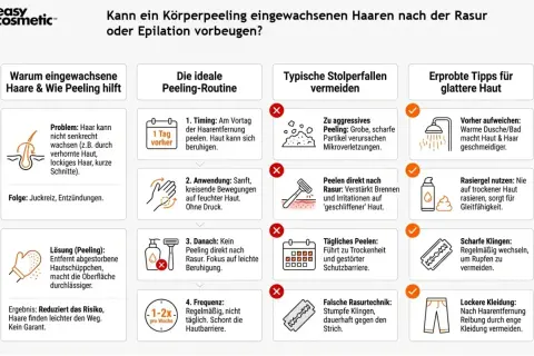 Tipps gegen eingewachsene Haare: Peeling vor der Haarentfernung, sanfte Anwendung & passende Rasurtechnik.