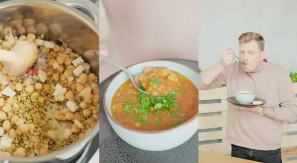 Ein Mann genießt eine dampfende Schüssel Harira Suppe, die mit Kichererbsen und Linsen zubereitet wird.