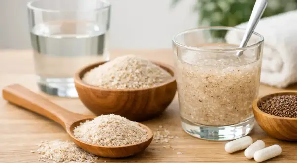 Flohsamenschalen zubereitung: Schale mit Flohsamenschalen, Löffel, Glas mit Wasser und Flohsamenschalen-Mix, Schale mit Leinsamen und Kapseln.