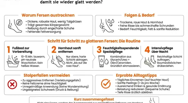 Schritte zur Pflege rissiger Fersen: Fußbad, Hornhautentfernung, Feuchtigkeitspflege und Intensivpflege über Nacht. Vermeide aggressive Methoden und wähle passende Schuhe.