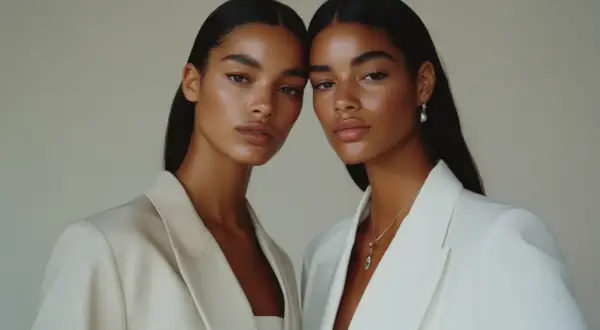 Zwei Frauen mit glatter Haut und dunklem Haar tragen elegante Blazer. Ihr femininer Kleidungsstil wird durch dezente Schmuckstücke unterstrichen.