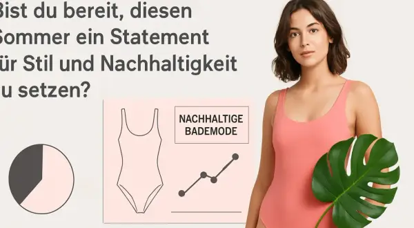Frau im Korallfarbenen Badeanzug hält Monstera-Blatt. Grafik zeigt eine steigende Linie und das Wort "NACHHALTIGE BADEMODE". Ein fairer bikini-Sommer beginnt hier.