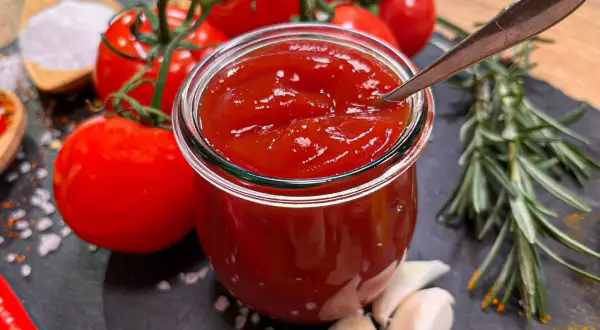 Frisches, selbstgemachtes Ketchup in einem Glas, umgeben von reifen Tomaten, Knoblauch und Rosmarin. Perfekt zum Ketchup selber machen!