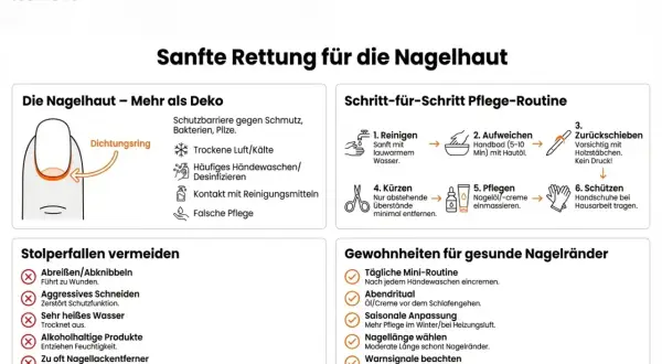 Schritt-für-Schritt-Anleitung zur Pflege trockener Nagelhaut: Reinigen, aufweichen, zurückschieben, kürzen, pflegen und schützen. Vermeide aggressive Methoden.