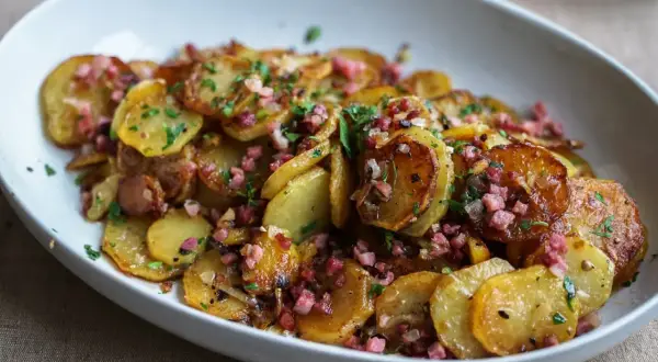 Bratkartoffeln ohne vorkochen, goldbraun gebraten mit Speckwürfeln und Petersilie in einer weißen Schüssel.