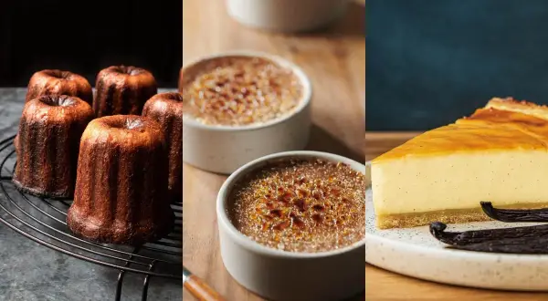 Köstliche Canelés, Crème brûlée und ein cremiger Kuchen – perfekt, um **Eigelb zu verwerten** und süße Leckereien zu zaubern.
