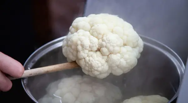 Ein Blumenkohl wird mit einem Holzlöffel aus kochendem Wasser gehoben. Das Blanchieren von Blumenkohl ist ein wichtiger Schritt.