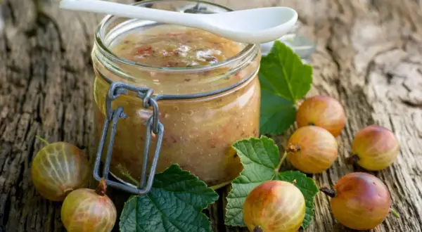 Glas mit selbstgemachter Stachelbeer Marmelade, umgeben von frischen Stachelbeeren und Blättern auf rustikalem Holz.