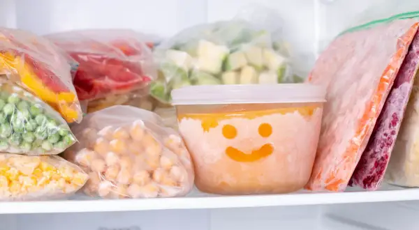 Gefrorene Beeren, Erbsen, Karotten und ein lächelnder Behälter mit Babybrei einfrieren für später.