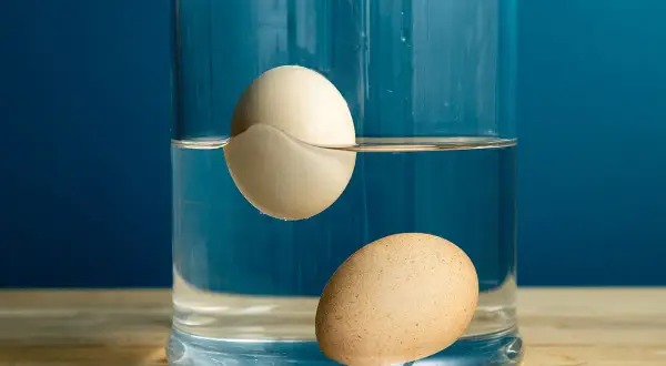 Ein Ei schwebt in einem Glas Wasser, das andere liegt am Boden. Das schwebende Ei zeigt, dass es noch gut ist.
