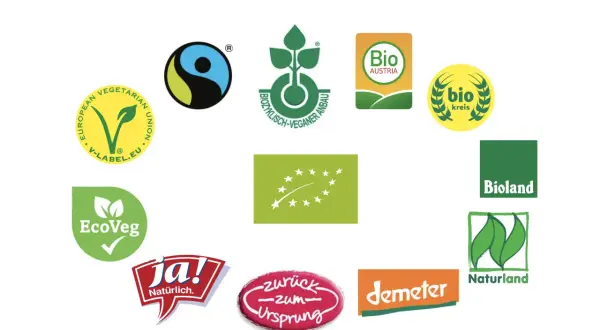 Vielfalt an bio mode labels: EU-Bio-Siegel, Demeter, Naturland, Bioland, Bio Austria, Bio Kreis, Fairtrade, V-Label, EcoVeg, Ja! Natürlich, Zurück zum Ursprung.