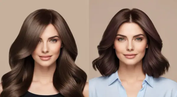 Zwei Frauen mit glänzendem Haar. Die linke hat lange, braune Locken, die rechte kürzere, dunklere Haare. Beide sehen gesund aus, dank veganer Haarfarbe.