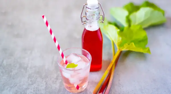 Erfrischendes Glas mit Eis, Minze und rotem Rhabarbersirup. Daneben eine Flasche des Sirups und frische Rhabarberstangen. Perfekt, um Rhabarbersirup selber machen.